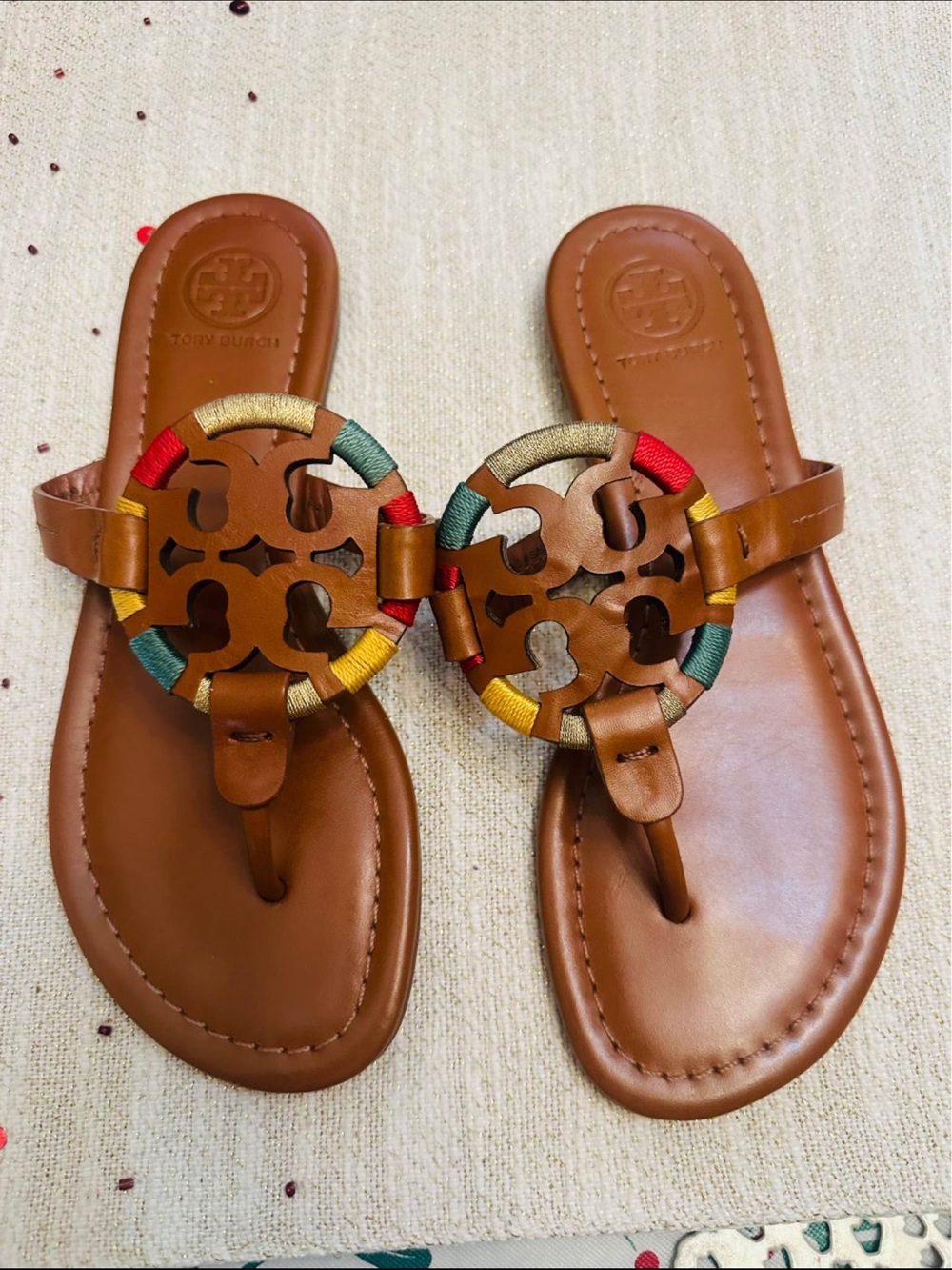 Tory Burch Tan Leather Sandals with Red, Yellow & Green Trim